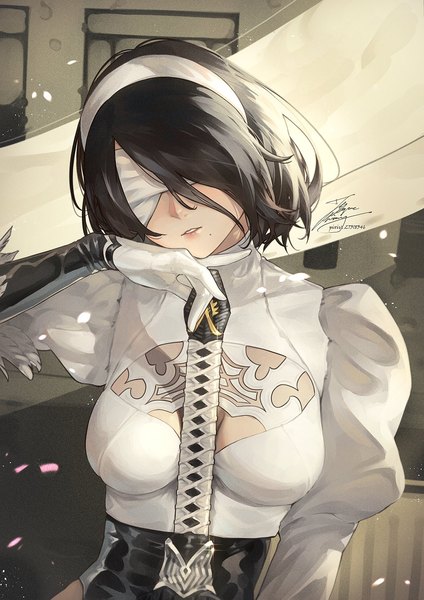 Anime picture 1061x1500 with nier nier:automata soulcalibur soulcalibur vi yorha no. 2 type b yorha no. 2 type p fadingz single tall image fringe short hair light erotic black hair signed cleavage upper body long sleeves parted lips head tilt arm up