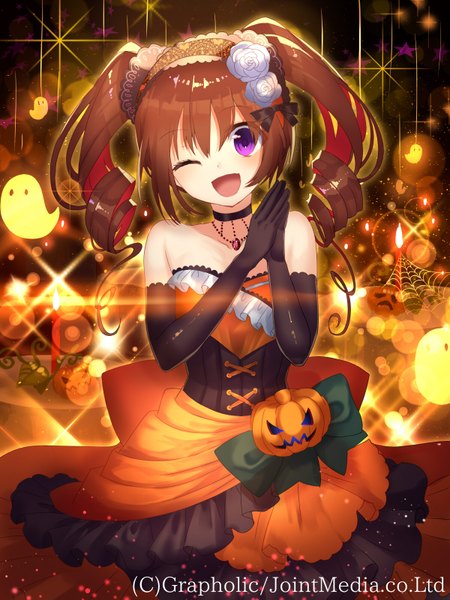 Anime picture 1200x1600 with priget plus yusano single long hair tall image open mouth brown hair purple eyes twintails one eye closed wink halloween girl dress gloves black gloves elbow gloves