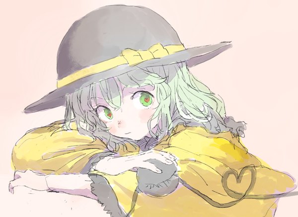 Anime picture 811x592 with touhou komeiji koishi motsuni (artist) single blush fringe short hair simple background green eyes looking away green hair symbol-shaped pupils girl hat hat ribbon eye