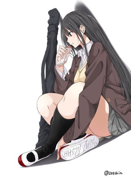 Anime picture 3597x4847 with original amu (258shin) single long hair tall image fringe highres light erotic black hair simple background white background sitting holding brown eyes signed looking away absurdres profile pleated skirt open clothes