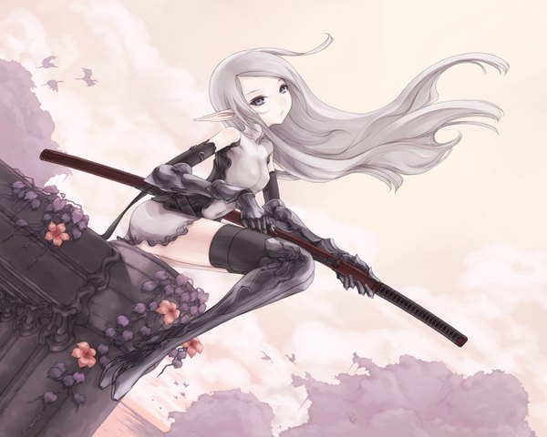 Anime picture 1280x1024 with kazuoki single long hair blue eyes sitting pointy ears grey hair elf girl dress gloves flower (flowers) weapon plant (plants) animal sword tree (trees) water elbow gloves armor
