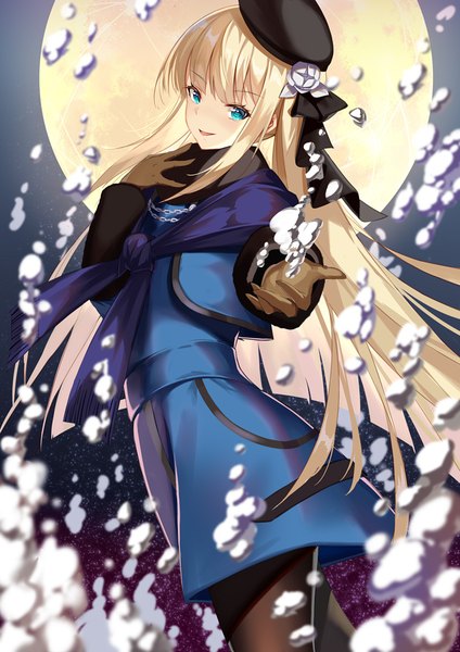 Anime picture 700x990 with fate (series) fate/grand order lord el-melloi ii case files reines el-melloi archisorte augu (523764197) single long hair tall image looking at viewer fringe blue eyes blonde hair standing hand on chest outstretched hand girl gloves moon beret full moon