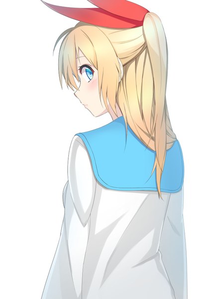 Anime picture 680x957 with nisekoi shaft (studio) kirisaki chitoge mkt single long hair tall image looking at viewer blush fringe blue eyes blonde hair simple background white background ahoge upper body ponytail long sleeves looking back from behind