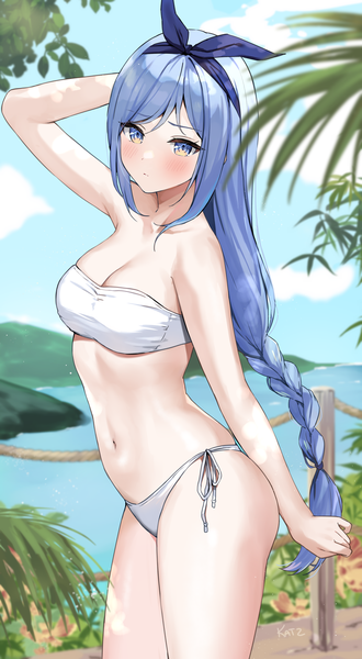 Anime picture 3273x5950 with original minah (chaesu) kaetzchen single long hair tall image looking at viewer blush fringe highres breasts blue eyes light erotic standing signed payot blue hair absurdres sky cleavage