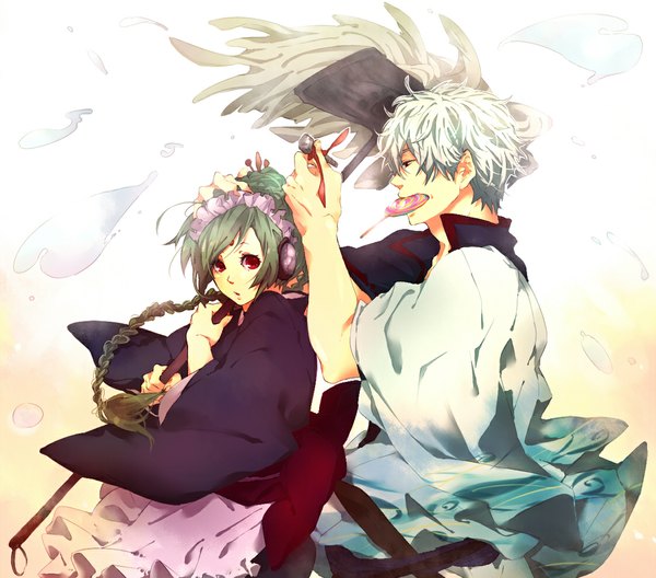 Anime picture 1120x987 with gintama sunrise (studio) sakata gintoki tama (gintama) yomonari (artist) long hair short hair red eyes silver hair braid (braids) profile green hair maid couple curly hair girl boy bow ribbon (ribbons) weapon