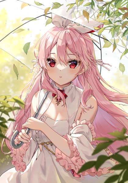 Anime picture 1920x2750 with virtual youtuber atelier live pinku (vtuber) rosuuri single long hair tall image looking at viewer blush fringe highres breasts hair between eyes red eyes standing bare shoulders holding pink hair cleavage outdoors