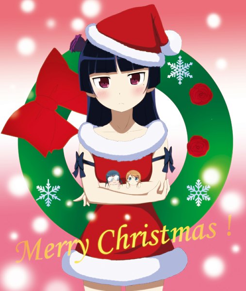 Anime picture 1000x1182 with ore no imouto ga konna ni kawaii wake ga nai gokou ruri kousaka kirino makishima saori takamin apaman long hair tall image blush fringe black hair red eyes blunt bangs fur trim christmas chibi merry christmas girl bow fur santa claus hat