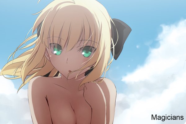 Anime picture 1280x854 with fate (series) fate/stay night type-moon artoria pendragon (all) saber magicians (zhkahogigzkh) single long hair blush fringe breasts open mouth light erotic blonde hair green eyes signed sky cloud (clouds) ahoge ponytail