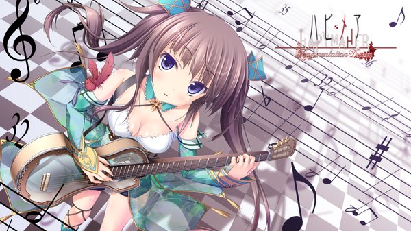Anime picture 1920x1080 with hapymaher purple software hirasaka keiko tsukimori hiro single long hair looking at viewer blush highres blue eyes brown hair wide image twintails bare shoulders girl dress bow hair bow detached sleeves guitar