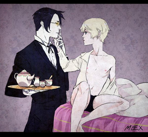 Anime picture 1588x1478 with kuroshitsuji a-1 pictures alois trancy claude faustus meexart short hair breasts blue eyes light erotic black hair blonde hair sitting yellow eyes nipples profile nude multiple boys letterboxed shounen ai boy