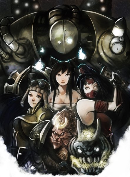 Anime picture 3300x4474 with league of legends ahri (league of legends) akali (league of legends) irelia (league of legends) blitzcrank (league of legends) wukong (league of legends) knighthead long hair tall image highres breasts black hair bare shoulders multiple girls absurdres alternate costume magic crescent girl weapon