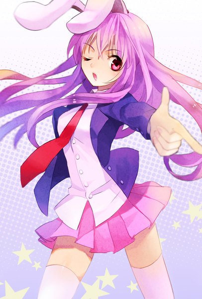 Anime picture 1216x1797 with touhou reisen udongein inaba q-chiang single long hair tall image open mouth red eyes animal ears purple hair pleated skirt one eye closed bunny ears outstretched arm girl thighhighs skirt miniskirt white thighhighs necktie