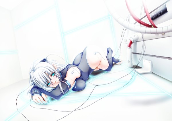 Anime picture 2480x1748 with original rayn single long hair looking at viewer highres breasts light erotic white background white hair aqua eyes girl