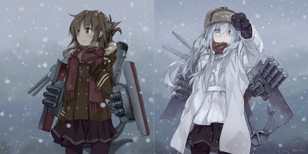 Anime picture 1200x600 with kantai collection hibiki destroyer inazuma destroyer orda long hair looking at viewer fringe blue eyes smile brown hair wide image multiple girls brown eyes looking away white hair pleated skirt wind snowing winter snow