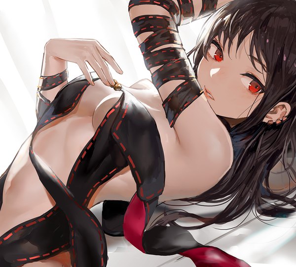 Anime picture 1107x1000 with fate (series) fate/grand order yu mei-ren (fate) canking single long hair looking at viewer blush fringe light erotic black hair simple background red eyes white background upper body lying parted lips on back dutch angle piercing