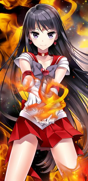 Anime picture 530x1080 with bishoujo senshi sailor moon toei animation hino rei sailor mars nardack single long hair tall image looking at viewer black hair purple eyes girl gloves earrings fire sailor suit