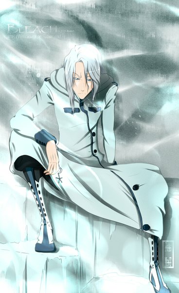 Anime picture 982x1600 with bleach studio pierrot zangetsu ifragmentix single long hair tall image blue eyes white hair traditional clothes japanese clothes inscription coloring light smoke boy kimono thigh boots