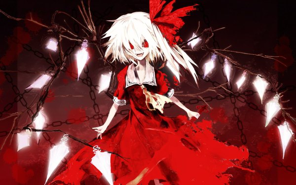 Anime picture 1920x1200 with touhou flandre scarlet banpai akira highres short hair blonde hair red eyes wide image vampire girl dress bow weapon wings laevatein (touhou)