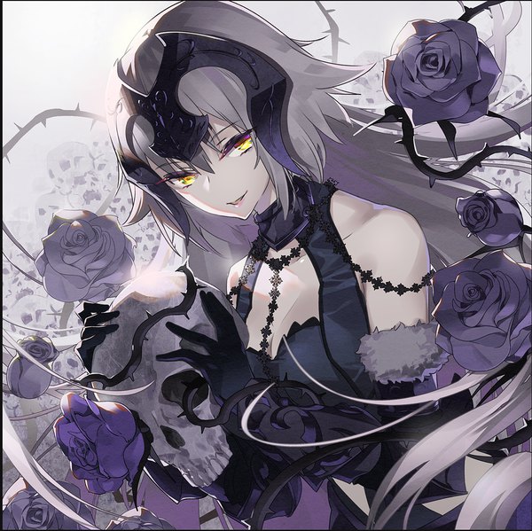 Anime-Bild 1200x1198 mit fate (series) fate/grand order jeanne d'arc (fate) (all) jeanne d'arc alter (fate) jeanne d'arc alter (avenger) (third ascension) (fate) tsurukame single long hair looking at viewer fringe breasts simple background smile hair between eyes standing bare shoulders holding yellow eyes cleavage silver hair