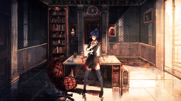 Anime picture 1920x1080 with super meat boy original meat boy saimon ma single looking at viewer highres short hair wide image brown eyes blue hair girl thighhighs skirt black thighhighs miniskirt glasses table shelf armchair