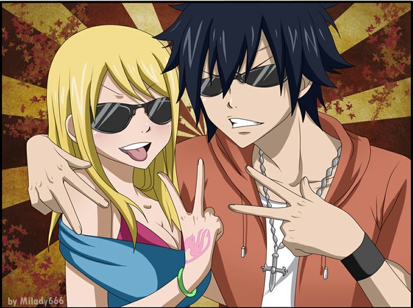 Anime picture 1186x887 with fairy tail lucy heartfilia gray fullbuster milady666 long hair short hair black hair blonde hair smile off shoulder tattoo hug victory :p clenched teeth frown girl boy tongue cross