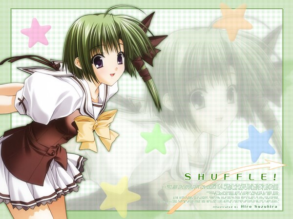 Anime-Bild 1400x1050 mit shuffle! shigure asa single looking at viewer short hair purple eyes ahoge green hair inscription wallpaper hands behind back zoom layer girl uniform ribbon (ribbons) hair ribbon serafuku star (symbol)