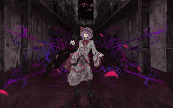 Anime picture 1500x937 with touhou remilia scarlet akaikitsune single short hair red eyes wide image purple hair red moon girl dress petals wings boots window umbrella bonnet ascot gauntlets hallway