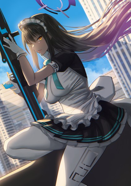 Anime picture 1441x2040 with blue archive karin (blue archive) akai kagerou (artist) single long hair tall image looking at viewer fringe breasts open mouth black hair hair between eyes sitting yellow eyes sky cloud (clouds) bent knee (knees) outdoors indoors profile