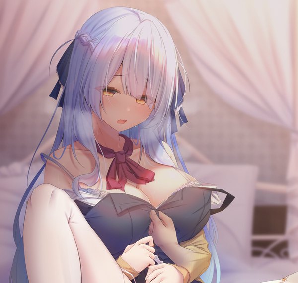 Anime picture 1499x1423 with original ramchi long hair blush fringe breasts open mouth light erotic hair between eyes large breasts sitting yellow eyes payot blue hair cleavage upper body bent knee (knees) indoors braid (braids) head tilt