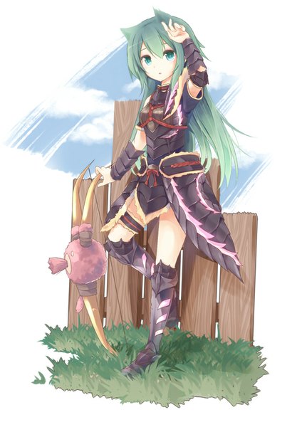Anime picture 611x878 with monster hunter yonema single long hair tall image looking at viewer fringe standing animal ears sky cloud (clouds) bent knee (knees) aqua eyes cat ears aqua hair hand on head leg lift (legs lift) girl weapon plant (plants)