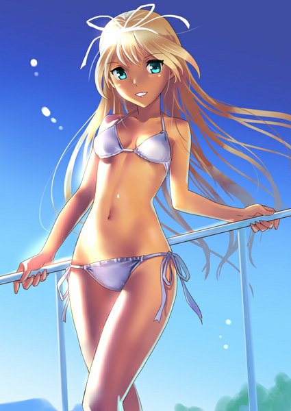 Anime picture 637x900 with original katahira masashi single long hair tall image looking at viewer blush light erotic blonde hair bare shoulders green eyes sky wind sunlight bare belly against fence girl navel ribbon (ribbons) swimsuit