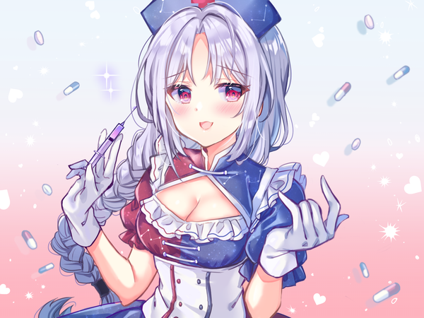 Anime picture 1600x1200 with touhou yagokoro eirin miyakoto single long hair blush breasts open mouth red eyes cleavage silver hair upper body braid (braids) :d single braid underbust starry sky print constellation girl gloves