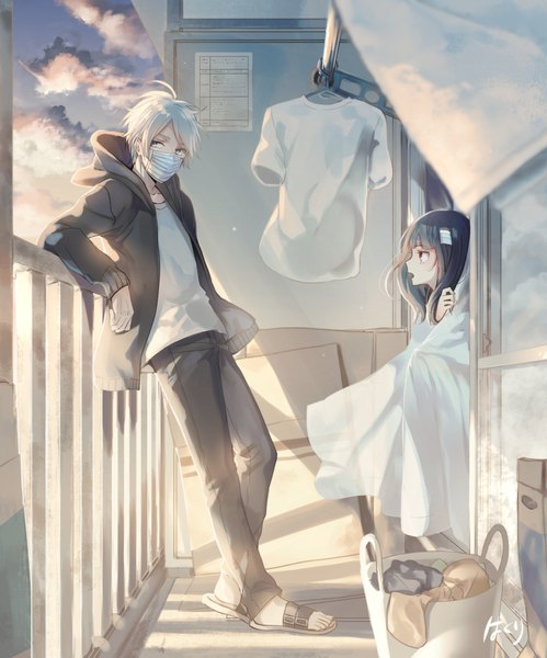 Anime picture 858x1032 with sachi-iro no one room sachi (sachi-iro no one room) onii-san (sachi-iro no one room) ri-rihoo tall image fringe short hair open mouth black hair red eyes standing signed looking away sky silver hair cloud (clouds) profile sunlight open clothes open jacket