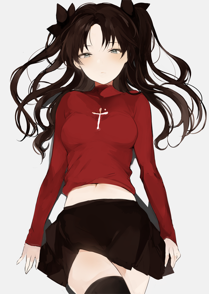 Anime picture 670x942 with fate (series) fate/stay night toosaka rin lpip single long hair tall image looking at viewer blush fringe breasts black hair simple background brown eyes long sleeves grey background from below two side up zettai ryouiki crossed legs