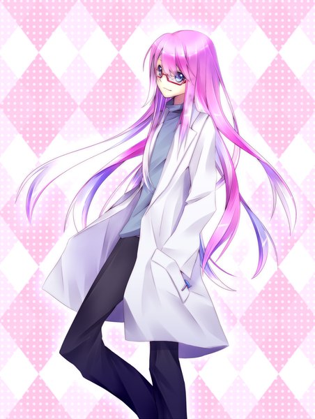 Anime picture 1000x1326 with original kawasaki toiro single long hair tall image looking at viewer blue eyes pink hair hands in pockets girl glasses labcoat