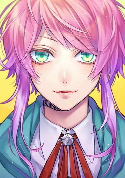 Anime picture 707x1000 with hypnosis mic amemura ramuda hakuseki single tall image looking at viewer short hair simple background payot pink hair aqua eyes portrait yellow background boy