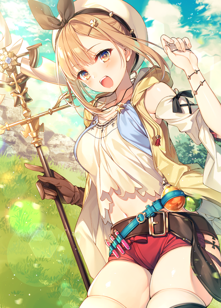 Anime picture 909x1269 with atelier (series) atelier ryza gust (company) reisalin stout toosaka asagi single tall image looking at viewer blush fringe short hair breasts open mouth blonde hair smile hair between eyes standing holding brown eyes sky