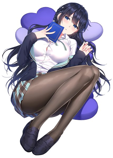 Anime picture 1400x1961 with inchara na ore to ichatsukitai tte maji ka yo...... akitsuki sakuya masuishi kinoto single long hair tall image looking at viewer blush fringe breasts open mouth blue eyes light erotic black hair simple background hair between eyes large breasts white background holding full body