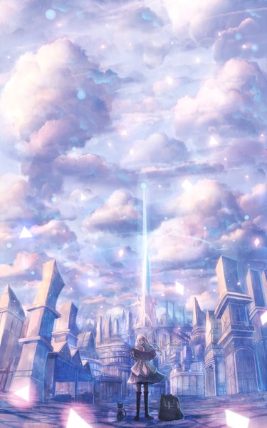 Anime picture 925x1480 with original bounin single long hair tall image looking at viewer fringe standing sky silver hair cloud (clouds) glow girl dress animal boots building (buildings) thigh boots cat bag