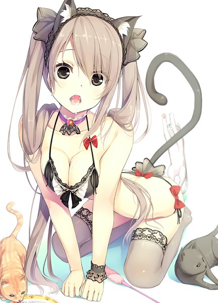 Anime picture 721x1000 with original peragura single long hair tall image looking at viewer open mouth light erotic brown hair twintails animal ears cleavage tail animal tail cat ears teeth cat girl cat tail grey eyes fang (fangs)