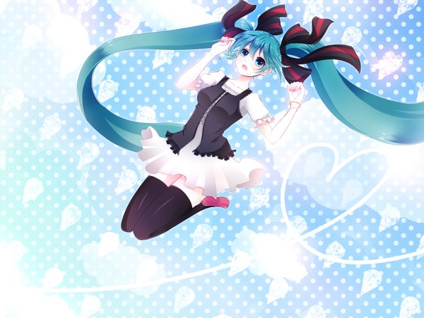 Anime picture 3200x2400 with vocaloid hatsune miku heki kiri (artist) long hair highres open mouth blue eyes twintails blue hair absurdres polka dot jumping heart of string girl thighhighs black thighhighs heart