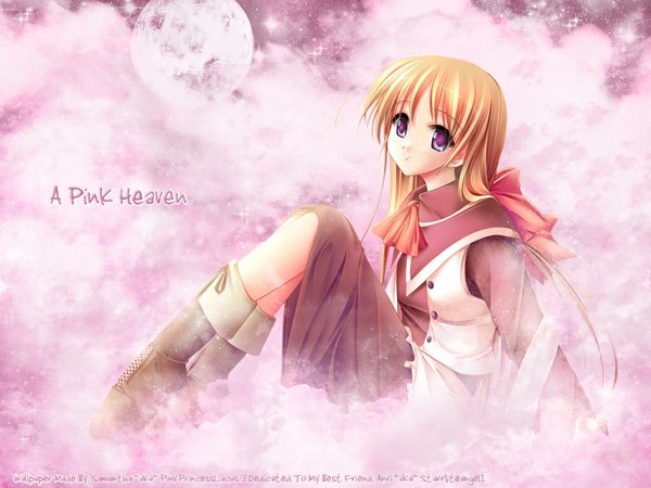 Anime picture 1024x768 with single long hair looking at viewer fringe blonde hair purple eyes payot bent knee (knees) fog girl moon knee boots full moon