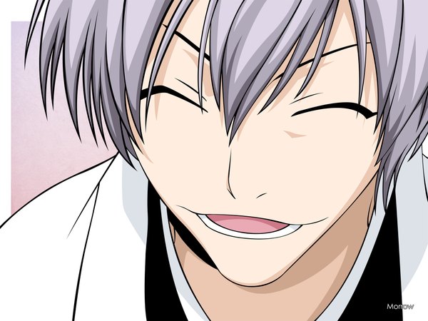 Anime picture 2100x1576 with bleach studio pierrot ichimaru gin morrow single highres short hair open mouth smile signed eyes closed grey hair border close-up face ^ ^ vector ^o^ boy