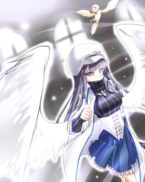 Anime picture 1200x1500 with sword girls eisenwane kocchan ddddddd single long hair tall image looking at viewer purple eyes purple hair glowing angel wings underbust angel girl skirt uniform hat animal wings