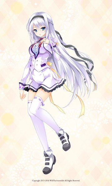 Anime picture 600x1000 with otome ga irodoru koi no essence amagi sakuya single long hair tall image looking at viewer blush fringe breasts blue eyes simple background hair between eyes standing payot silver hair full body braid (braids) official art zettai ryouiki standing on one leg