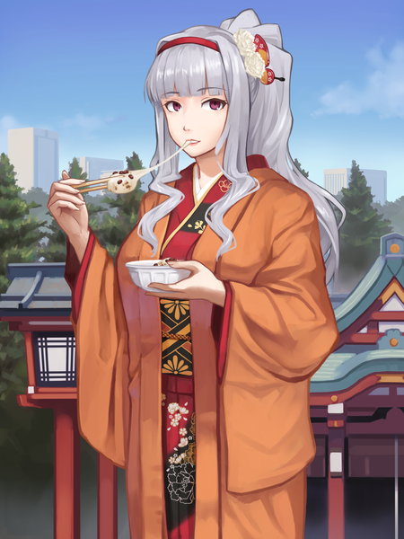 Anime picture 1200x1600 with idolmaster shijou takane mikado (winters) single long hair tall image looking at viewer purple eyes holding sky outdoors ponytail long sleeves traditional clothes parted lips japanese clothes hair flower grey hair wide sleeves floral print