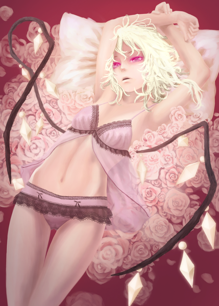 Anime picture 1286x1800 with touhou flandre scarlet akaikitsune single tall image short hair light erotic cleavage white hair pink eyes girl navel flower (flowers) petals wings crystal