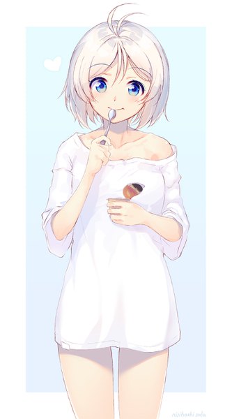 Anime picture 777x1400 with virtual youtuber .live dennou shoujo siro nijihashi sora single tall image looking at viewer blush short hair blue eyes standing signed silver hair ahoge off shoulder eating girl t-shirt spoon pudding