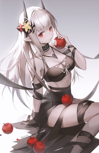 Anime picture 2501x3844 with arknights mudrock (arknights) mudrock (silent night) (arknights) uza single long hair tall image fringe highres simple background red eyes sitting signed cleavage silver hair horn (horns) pointy ears arm support twitter username gradient background