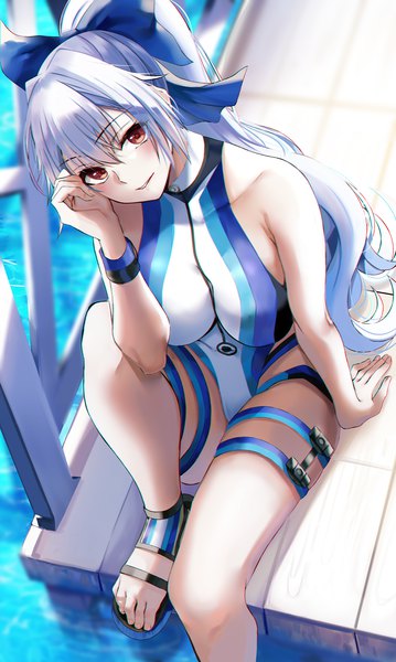 Anime picture 1500x2505 with fate (series) fate/grand order tomoe gozen (fate) tomoe gozen (swimsuit saber) (fate) nicky w single long hair tall image looking at viewer blush fringe breasts light erotic hair between eyes large breasts sitting payot silver hair outdoors ponytail